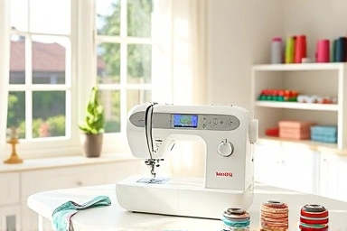 Bright home sewing room with user-friendly machine and colorful threads.
